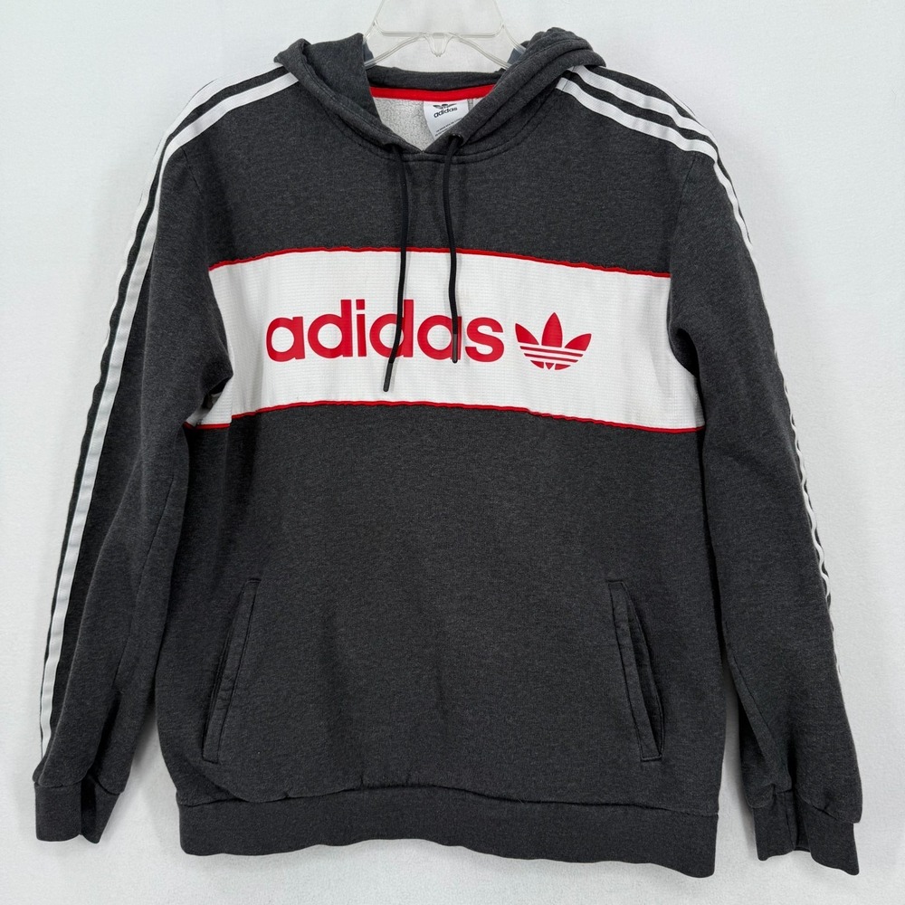 Adidas Originals Men's L Hoodie Trefoil Logo 3 Stripe Pullover Gray‎ Red DW5895